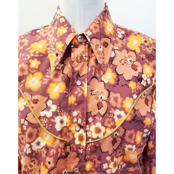 Tem Tex Vintage Mens Western 1970s Shirt Pearl Snap Cowboy Rodeo Groovy Floral - Picture 9 of 11